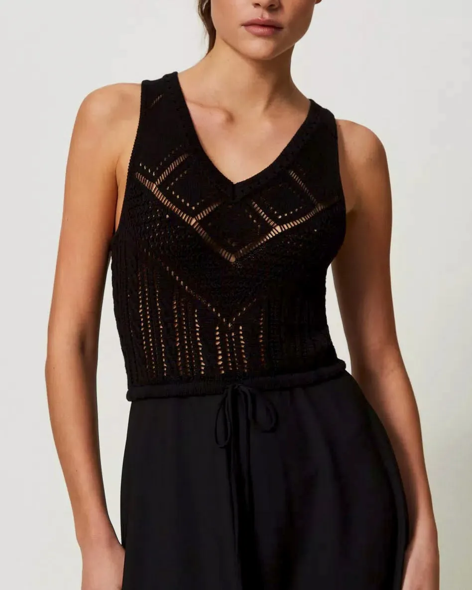 Abito lungo nero con corpetto crochet senza maniche con gonna in viscosa