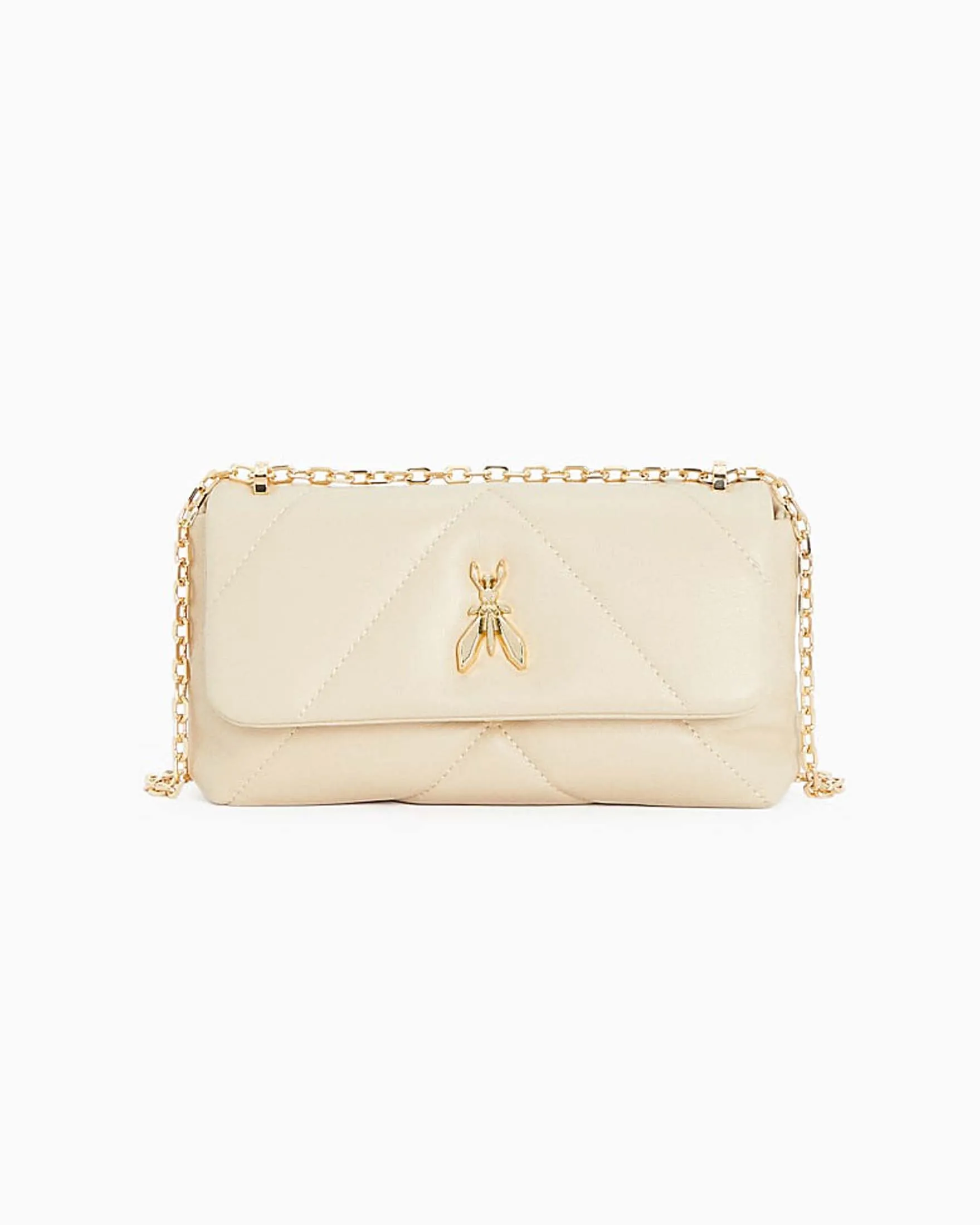 Borsa in pelle nera liscia trapuntata dalla linee morbide con maxi logo Fly sulla patta e tracolla a catena dorata