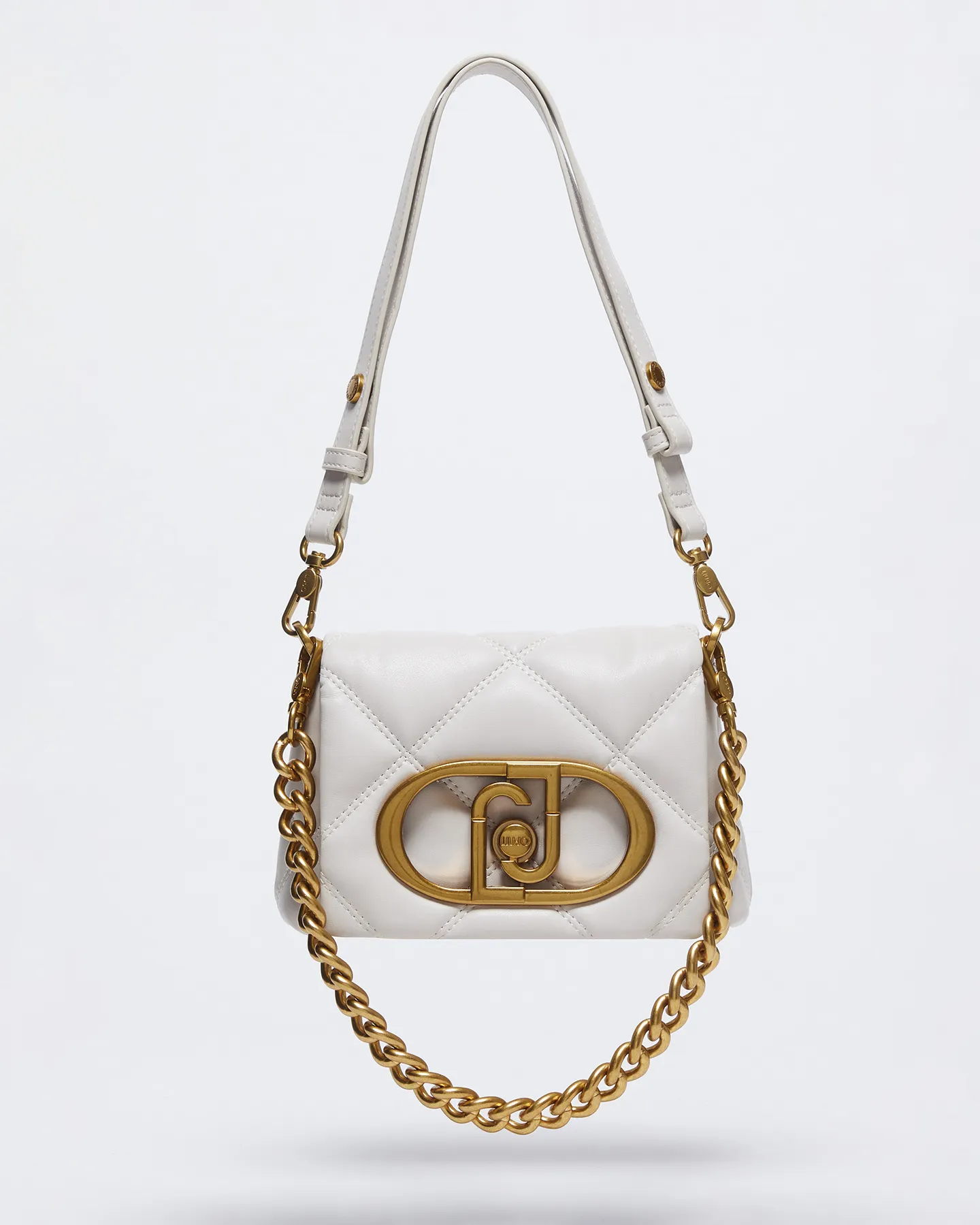 Borsa Puffy Icon avorio misura piccola in similpelle trapuntata a rombi con placca maxi logo sulla patta e catena rimovibile