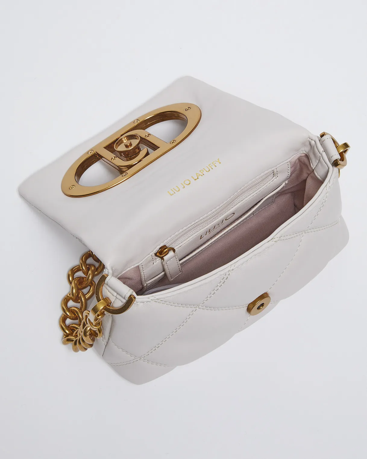 Borsa Puffy Icon avorio misura piccola in similpelle trapuntata a rombi con placca maxi logo sulla patta e catena rimovibile