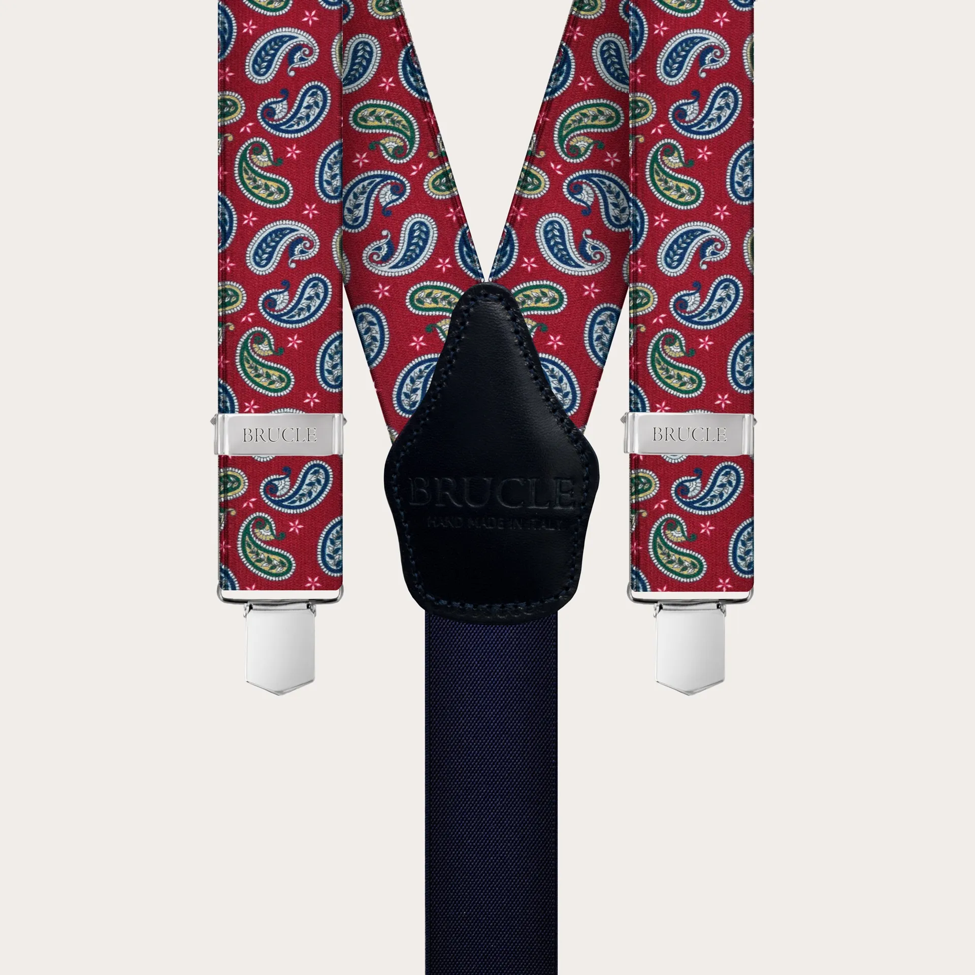 Bretelle unisex a Y effetto raso, fantasia paisley rosso