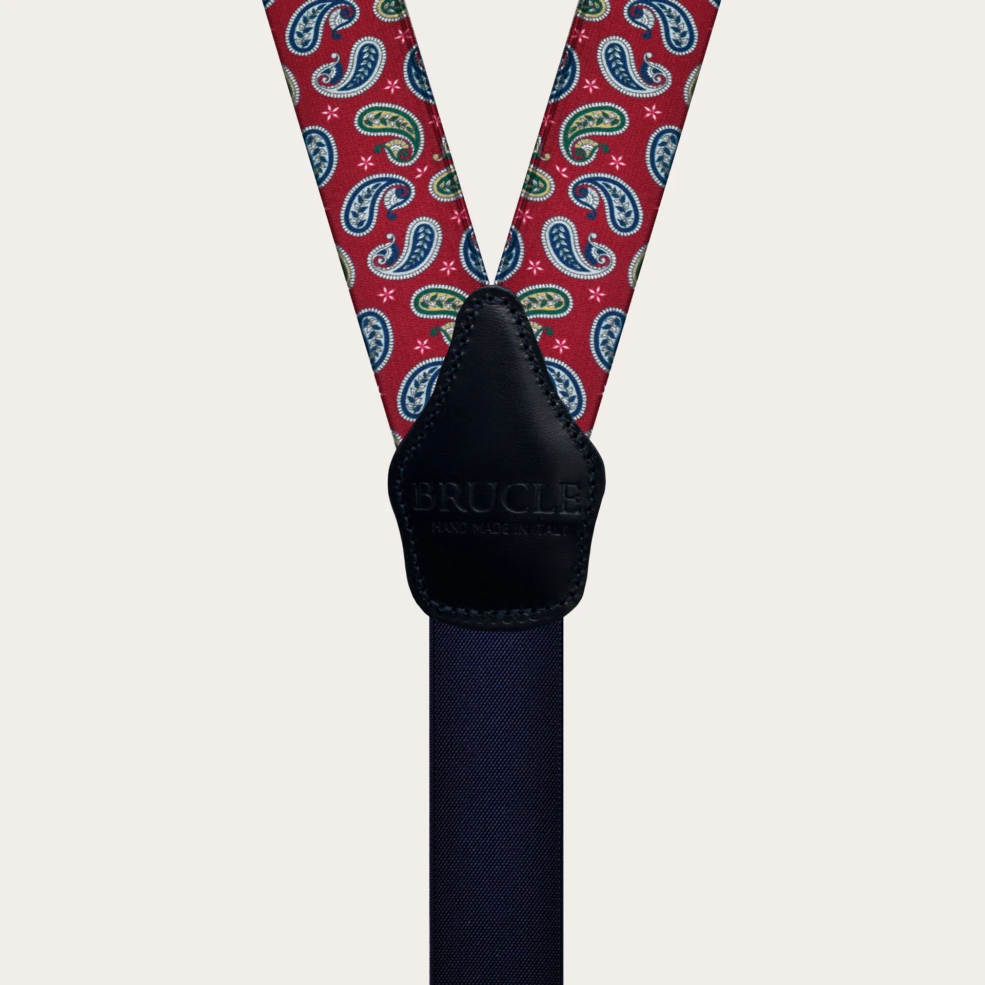 Bretelle unisex a Y effetto raso, fantasia paisley rosso