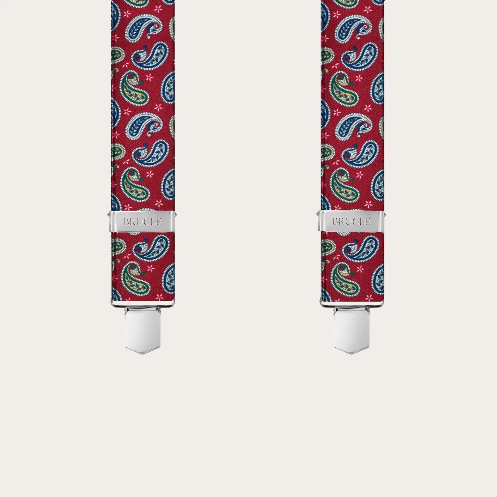 Bretelle unisex a Y effetto raso, fantasia paisley rosso