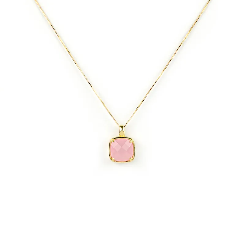 Collana oro giallo con ciondolo quarzo rosa
