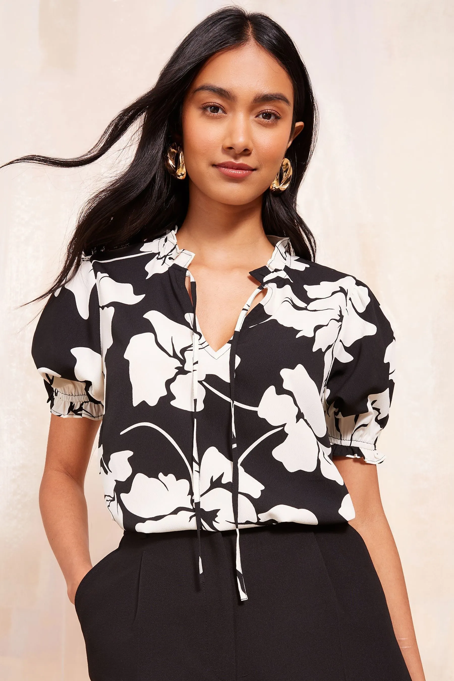 Friends Like These Short Sleeve Woven Tie Neck Blouse    