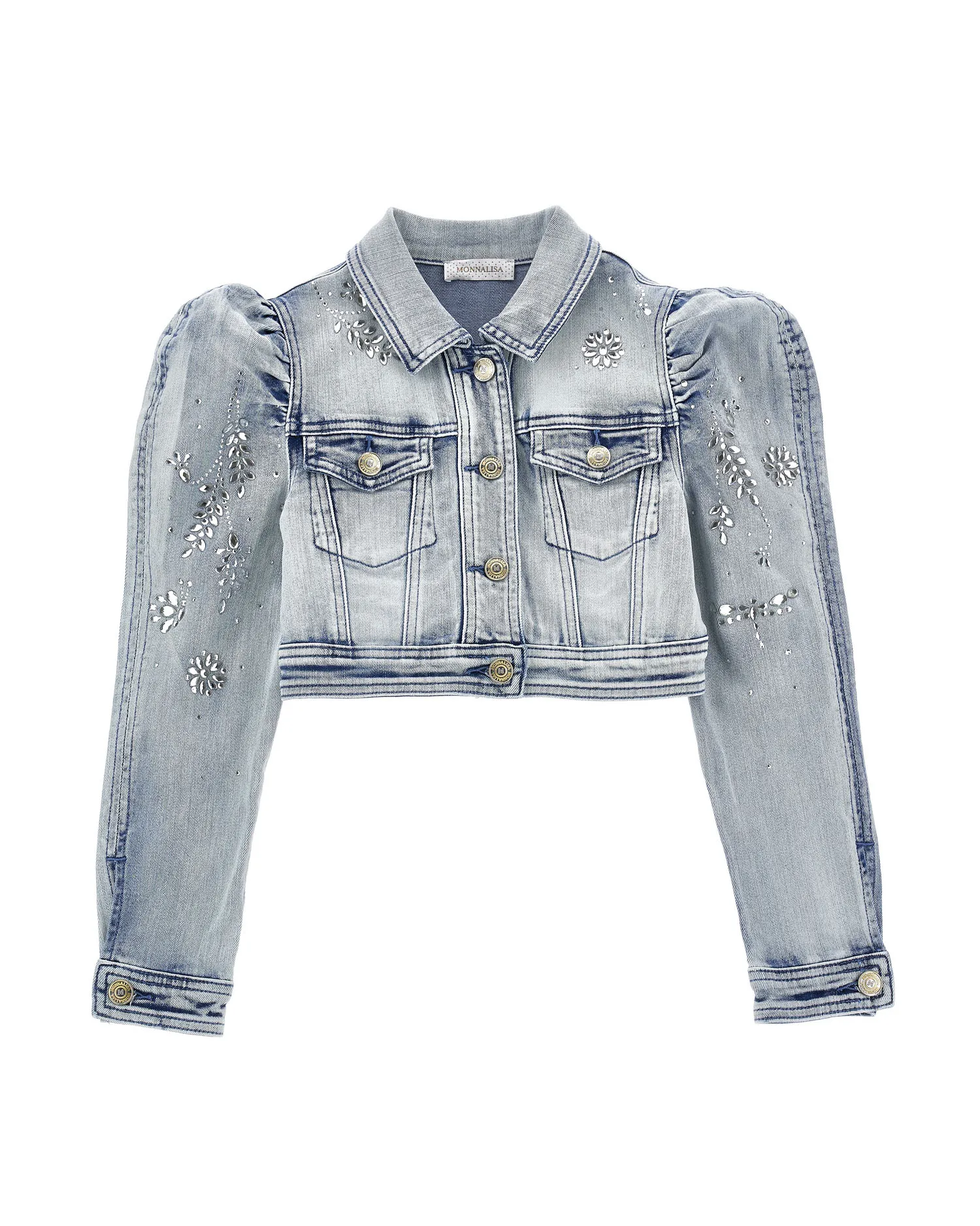 Giacca in jeans lavaggio bleached con maniche a sbuffo e applicazioni floreali in strass 14 anni