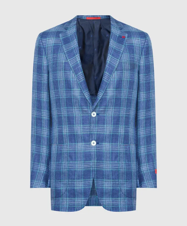 ISAIA Blazer blu in lana, seta e lino a quadri 521GSI9099N