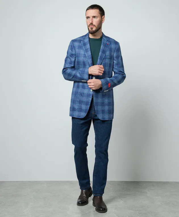 ISAIA Blazer blu in lana, seta e lino a quadri 521GSI9099N
