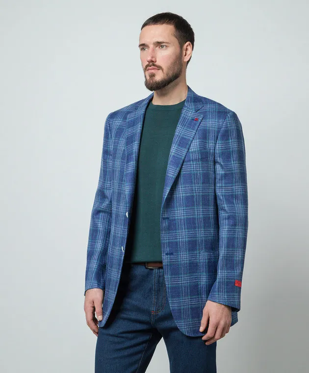 ISAIA Blazer blu in lana, seta e lino a quadri 521GSI9099N