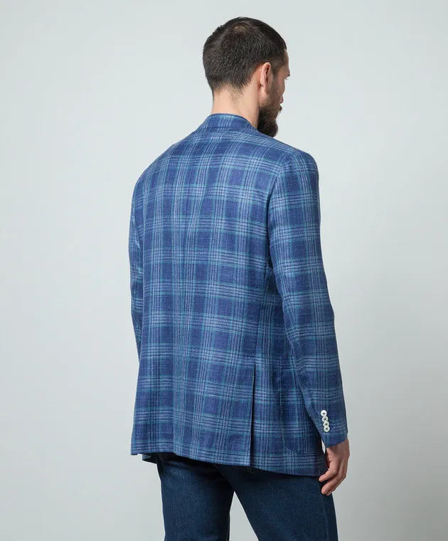 ISAIA Blazer blu in lana, seta e lino a quadri 521GSI9099N