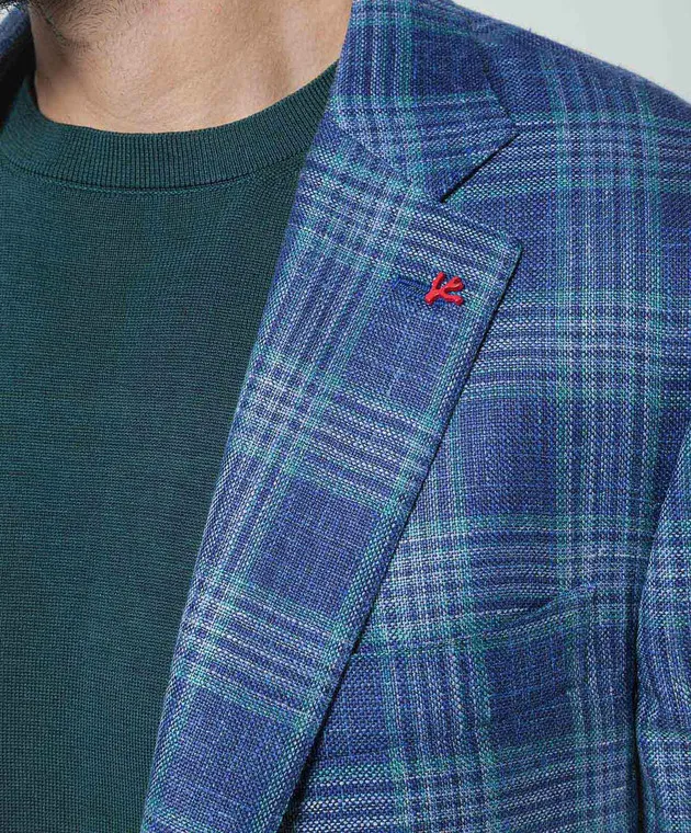 ISAIA Blazer blu in lana, seta e lino a quadri 521GSI9099N