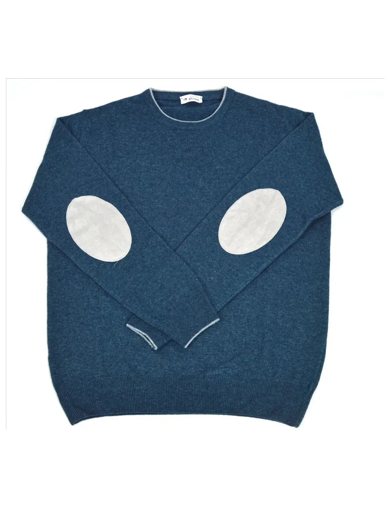 OFFICINA TESSILE maglia uomo girocollo in misto cashmere azzurro toppe bianche made in italy