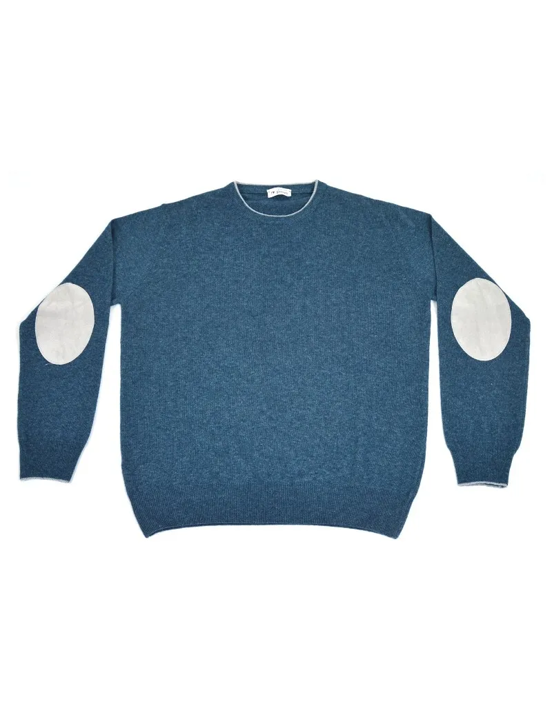 OFFICINA TESSILE maglia uomo girocollo in misto cashmere azzurro toppe bianche made in italy