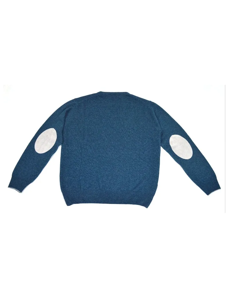 OFFICINA TESSILE maglia uomo girocollo in misto cashmere azzurro toppe bianche made in italy