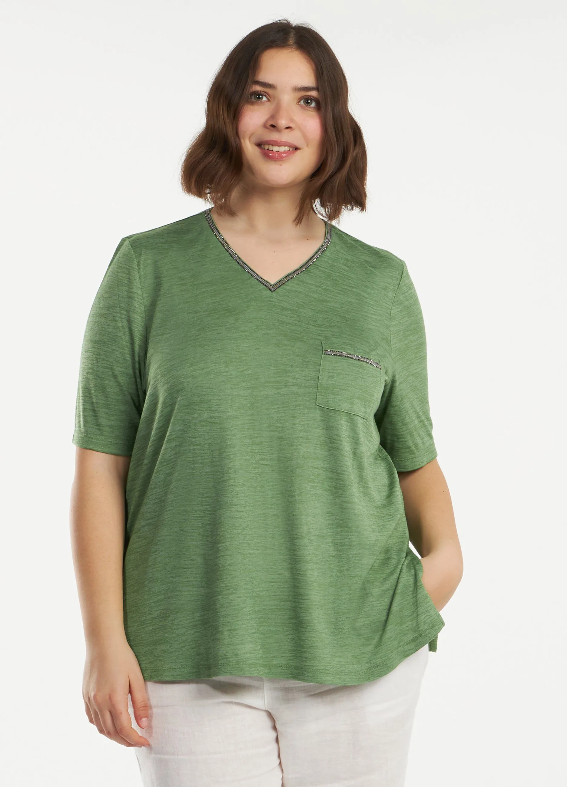 T-shirt in misto viscosa con scollo a V e strass donna curvy